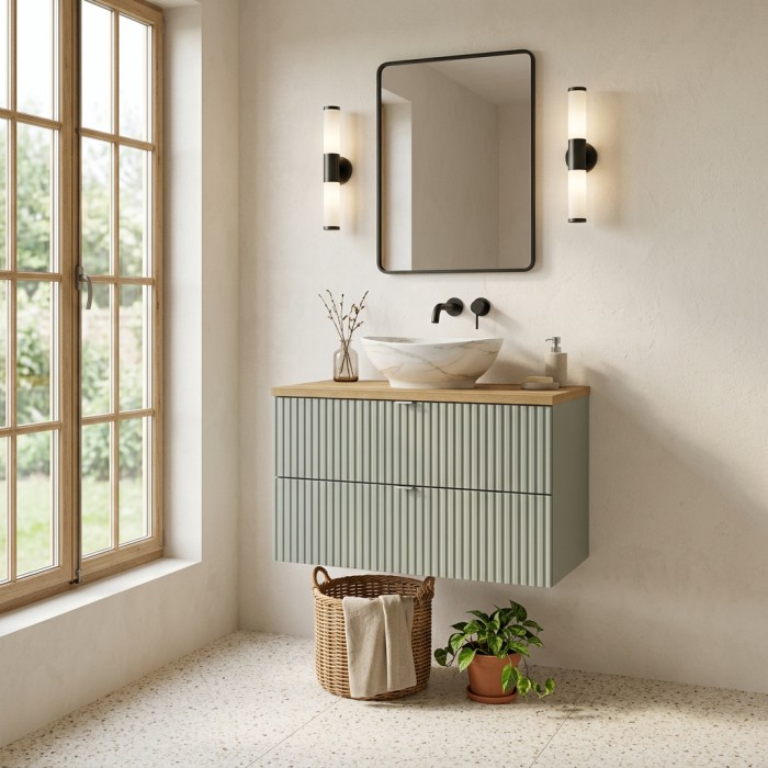 Insieme ELVINA 80cm: mobile sottolavabo con cassetti verde + piano per lavabo in aspetto legno scuro + lavabo da appoggio marmor