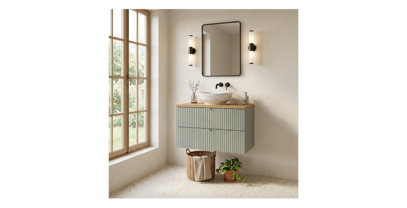 Ensemble ELVINA 80cm : meuble sous vasque à tiroirs, plan pour vasque et vasque à poser mis en situation