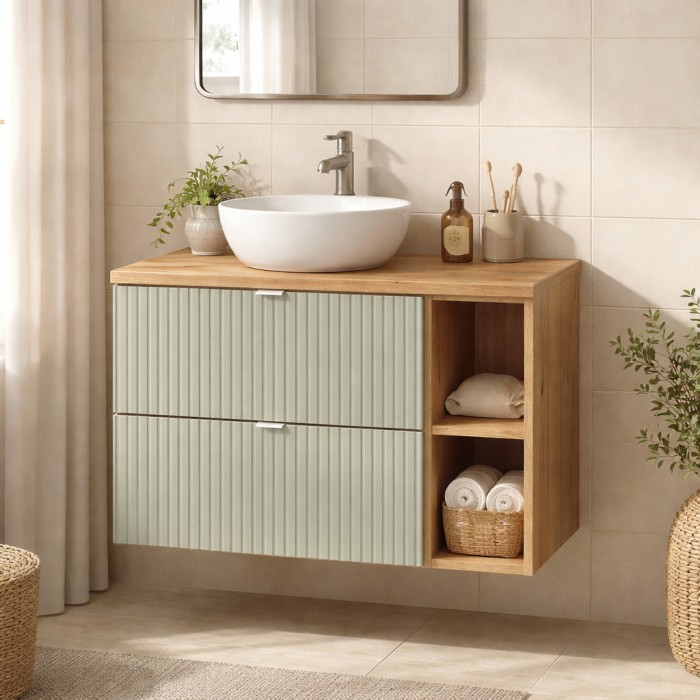 Set ELVINA 80cm: Waschtischunterschrank mit grünen Schubladen und sichtbaren Nischen + Abdeckplatte in dunkler Holzoptik für Was