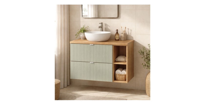 Ensemble ELVINA 80cm : meuble sous vasque à tiroirs, niches visibles et plan pour vasque mis en situation