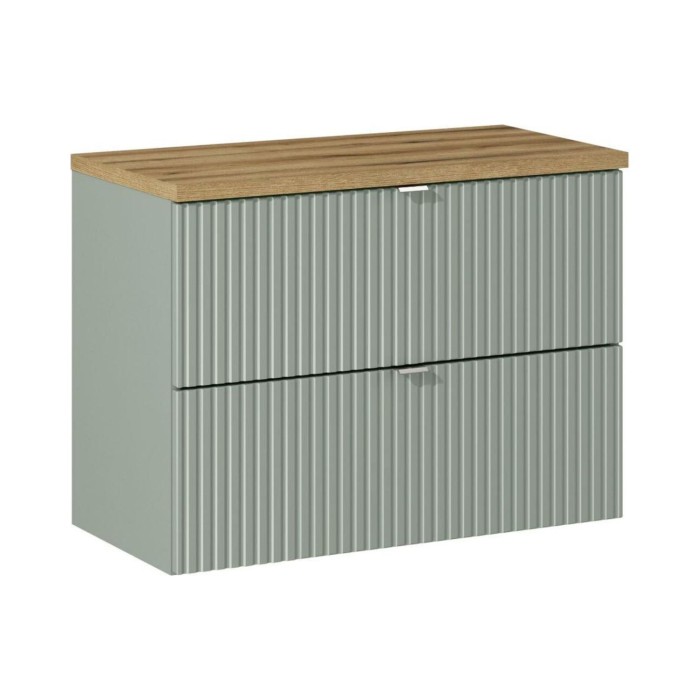 Insieme ELVINA 80cm: mobile sottolavabo con cassetti in verde salvia grigio + piano per lavabo effetto legno scuro