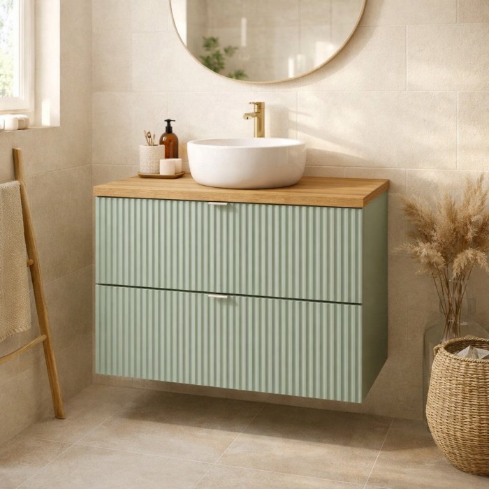 Insieme ELVINA 80cm: mobile sottolavabo con cassetti in verde salvia grigio + piano per lavabo effetto legno scuro