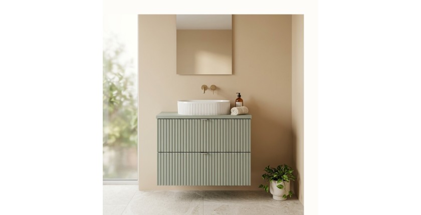 Ensemble ELVINA 80cm : meuble sous vasque à tiroirs, plan pour vasque et vasque à poser rainurée mis en situation