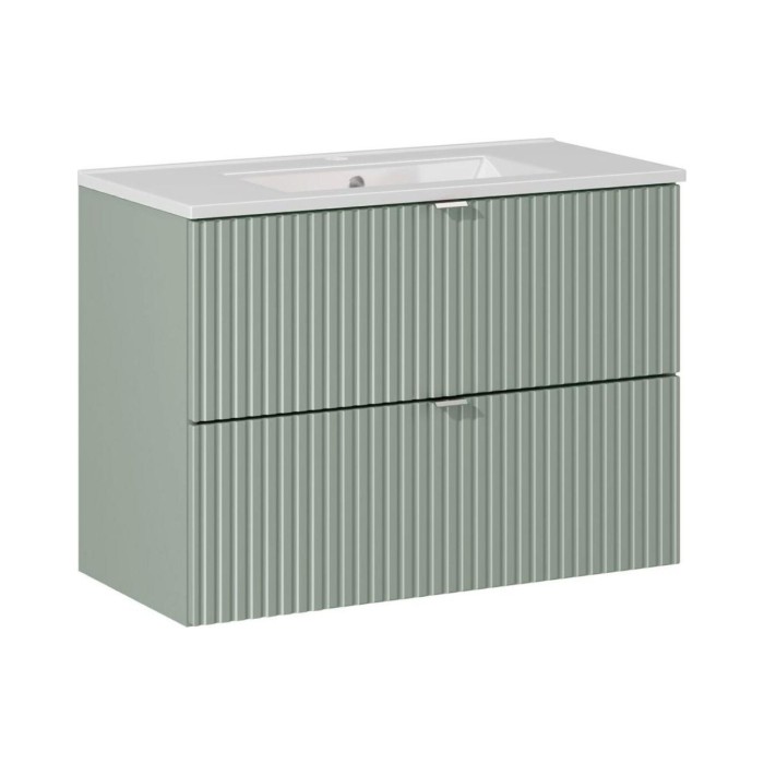 Conjunto de baño suspendido ELVINA 80cm: mueble bajo lavabo con cajones en verde salvia gris + lavabo encastrado blanco