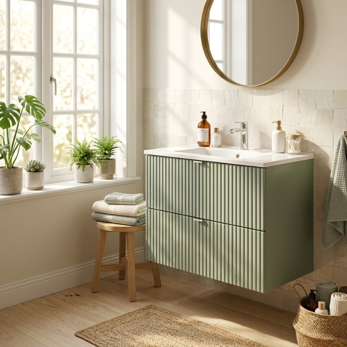 Conjunto de baño suspendido ELVINA 80cm: mueble bajo lavabo con cajones en verde salvia gris + lavabo encastrado blanco