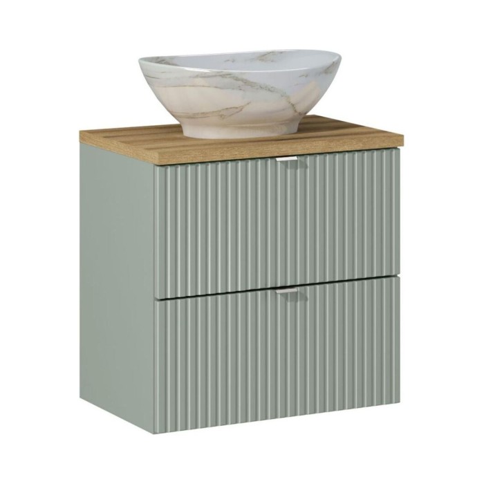 Insieme ELVINA 60cm: mobile sotto lavabo con cassetti in verde salvia grigio + top per lavabo in aspetto legno scuro + lavabo da