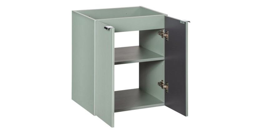Meuble sous vasque à placards vert sauge gris ELVINA 60cm ouvert