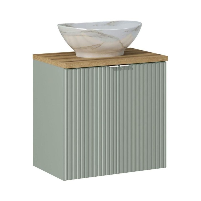 Insieme ELVINA 60cm: mobile sotto lavabo con armadietti in verde salvia grigio + piano per lavabo in aspetto legno scuro + lavab