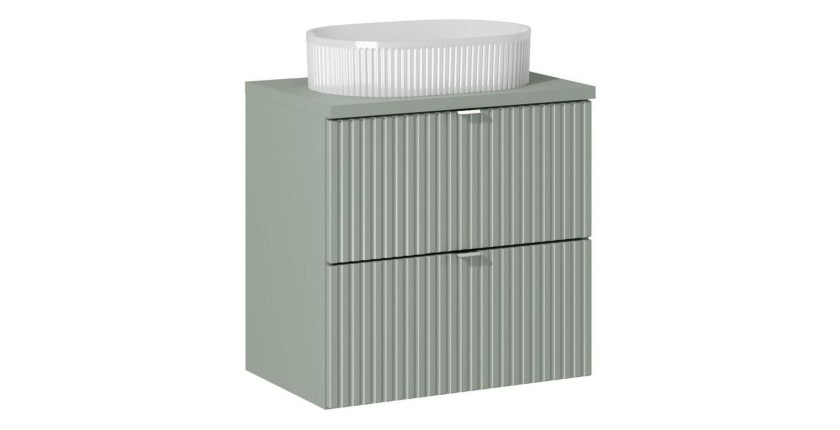 Ensemble ELVINA 60cm : meuble sous vasque à tiroirs, plan pour vasque vert et vasque à poser rainurée