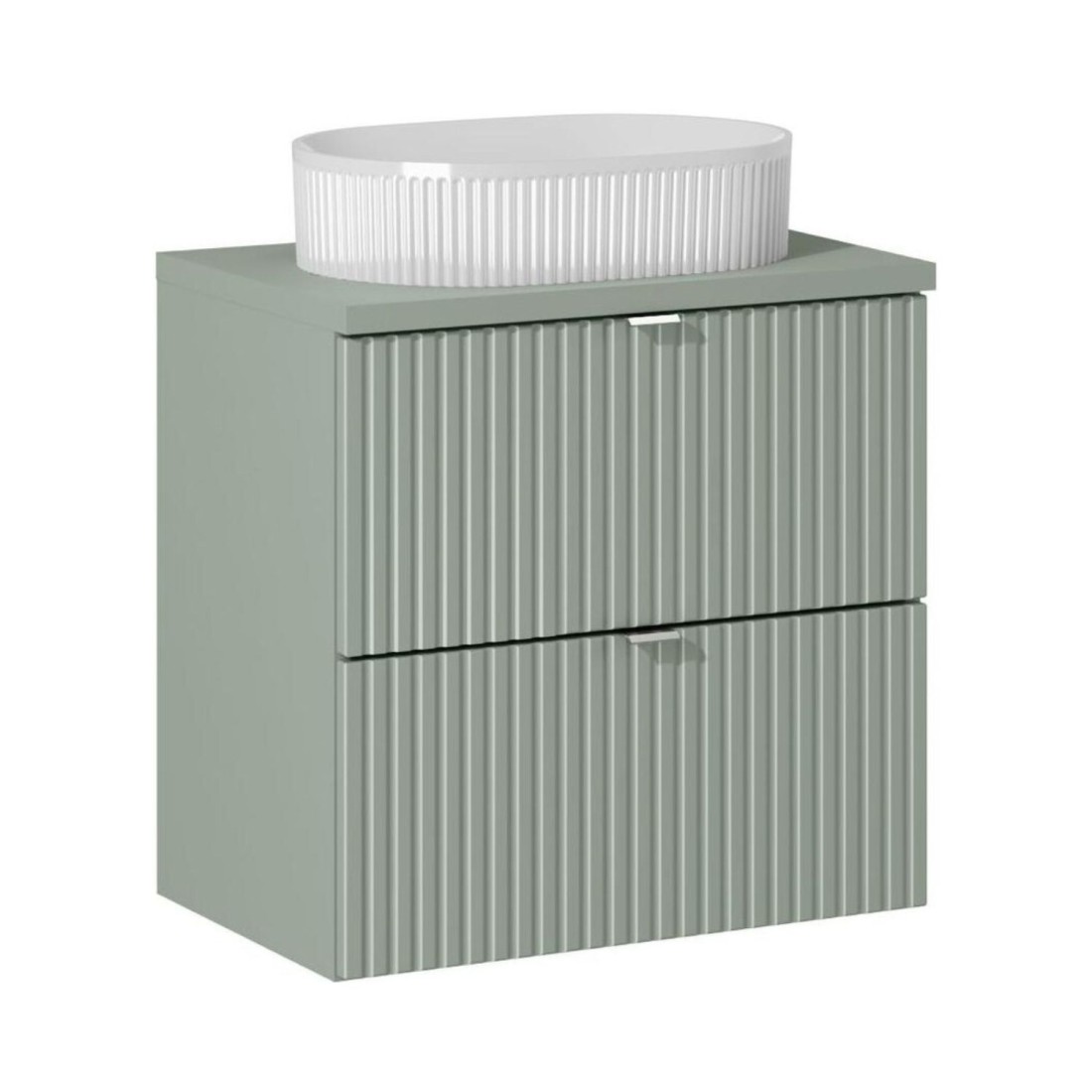 Ensemble ELVINA 60cm : meuble sous vasque à tiroirs, plan pour vasque vert et vasque à poser rainurée