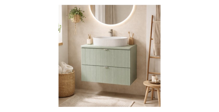 Ensemble ELVINA 60cm : meuble sous vasque à tiroirs, plan pour vasque vert et vasque à poser rainurée mis en situation