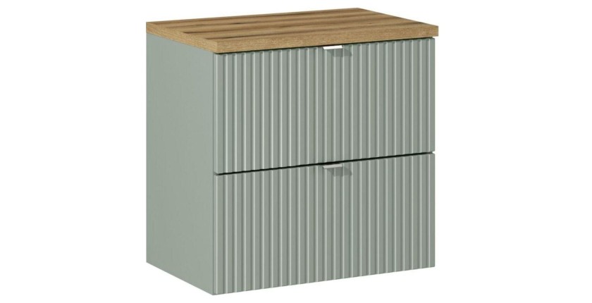 Ensemble ELVINA 60cm : meuble sous vasque à tiroirs vert sauge gris et plan pour vasque aspect bois