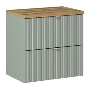 Ensemble ELVINA 60cm : meuble sous vasque à tiroirs vert sauge gris et plan pour vasque aspect bois