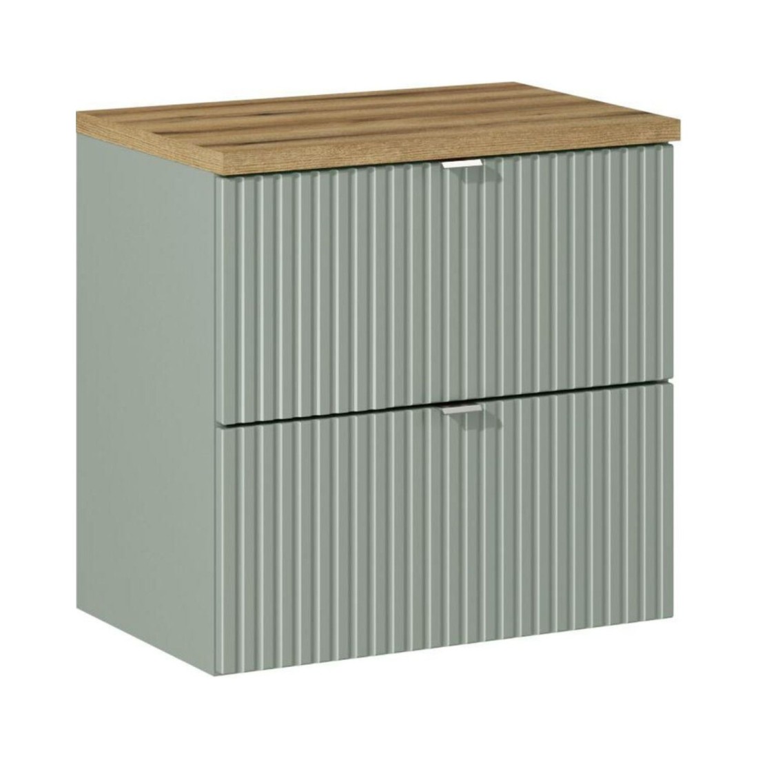 Ensemble ELVINA 60cm : meuble sous vasque à tiroirs vert sauge gris et plan pour vasque aspect bois