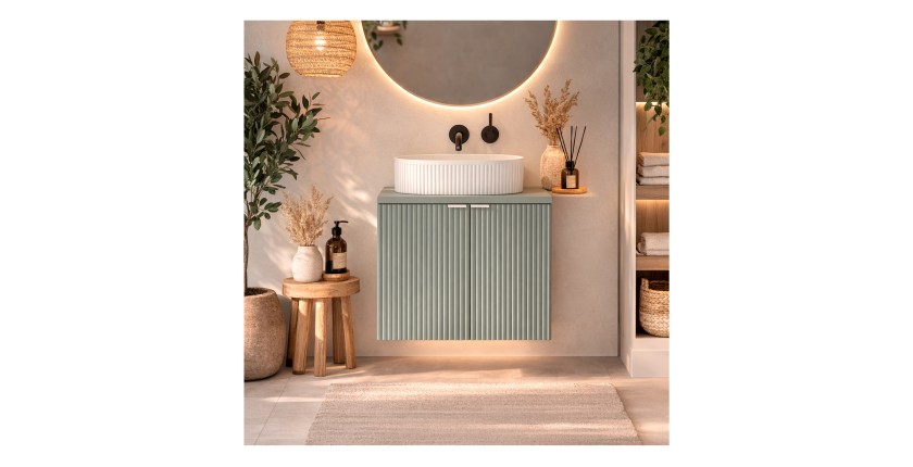 Ensemble ELVINA 60cm : meuble sous vasque à placards + plan pour vasque vert sauge gris + vasque à poser rainurée