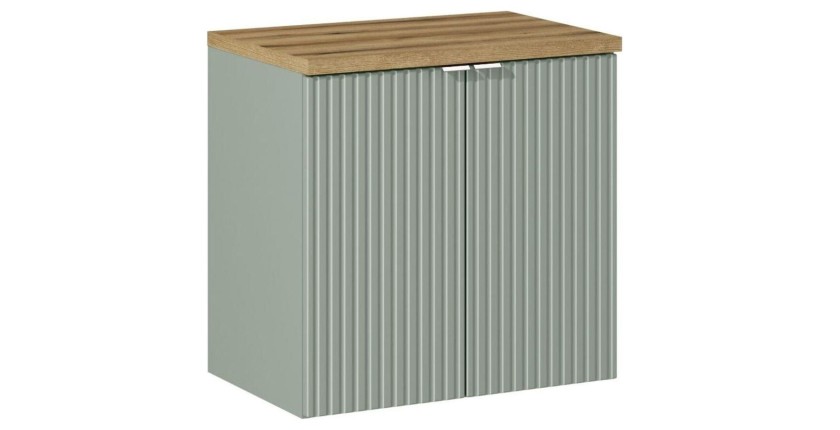 Ensemble ELVINA 60cm : meuble sous vasque à placards vert sauge gris et plan pour vasque aspect bois