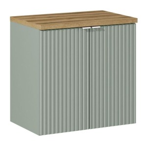 Ensemble ELVINA 60cm : meuble sous vasque à placards vert sauge gris et plan pour vasque aspect bois