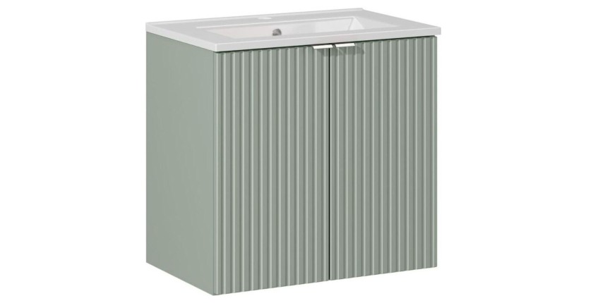 Ensemble ELVINA 60cm : meuble sous vasque à placards vert sauge gris et vasque encastrée blanche