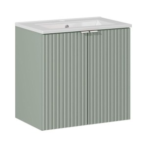 Ensemble ELVINA 60cm : meuble sous vasque à placards vert sauge gris et vasque encastrée blanche