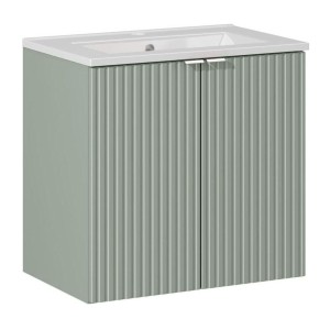 Ensemble ELVINA 60cm : meuble sous vasque à placards vert sauge gris et vasque encastrée blanche