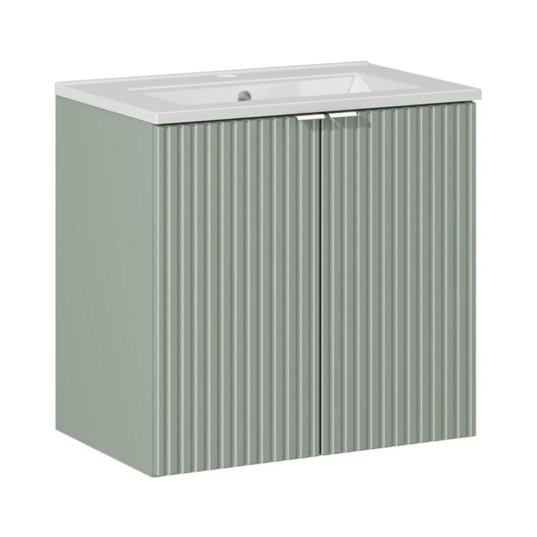 Ensemble ELVINA 60cm : meuble sous vasque à placards vert sauge gris et vasque encastrée blanche