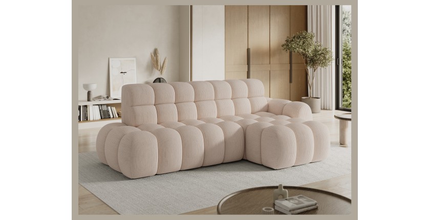 Canapé d’angle convertible BULLA 3 places beige angle droit – velours côtelé avec extension d’assise électrique