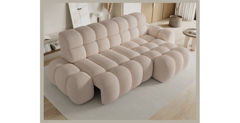 Canapé d’angle convertible BULLA 3 places beige angle droit – velours côtelé avec extension d’assise électrique