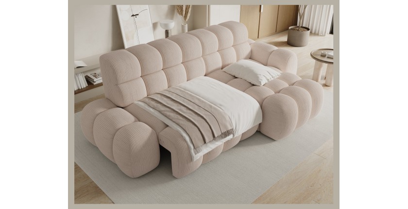 Canapé d’angle convertible BULLA 3 places beige angle droit – velours côtelé avec extension d’assise électrique