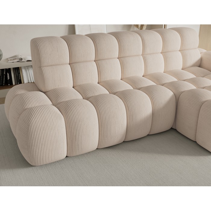 Hoekbank BULLA 3-zits beige rechterhoek – geribbeld fluweel met elektrische zitverlenging