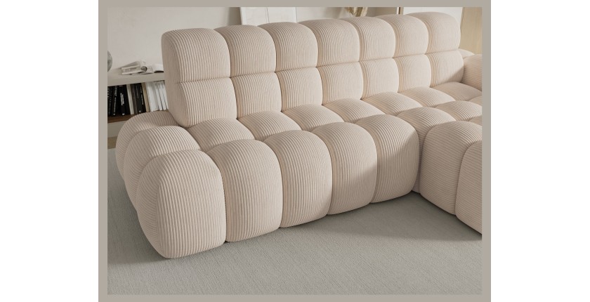 Canapé d’angle convertible BULLA 3 places beige angle droit – velours côtelé avec extension d’assise électrique