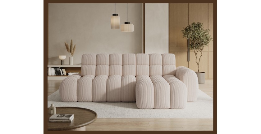 Canapé d’angle convertible BULLA 3 places beige angle droit – velours côtelé avec extension d’assise électrique