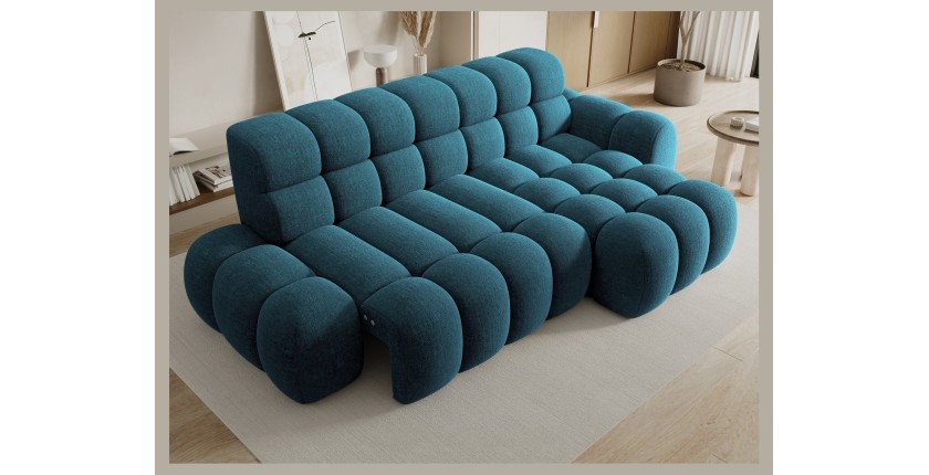 Canapé d’angle convertible BULLA 3 places bleu angle gauche – tissu bouclette avec extension d’assise électrique