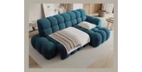 Canapé d’angle convertible BULLA 3 places bleu angle gauche – tissu bouclette avec extension d’assise électrique