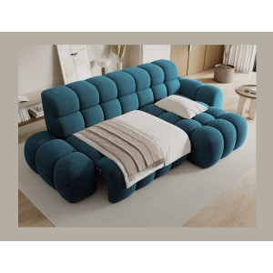 Canapé d’angle convertible BULLA 3 places bleu angle gauche – tissu bouclette avec extension d’assise électrique