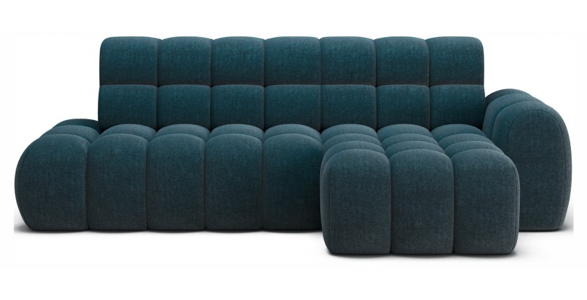 Canapé d’angle convertible BULLA 3 places bleu angle gauche – tissu bouclette avec extension d’assise électrique