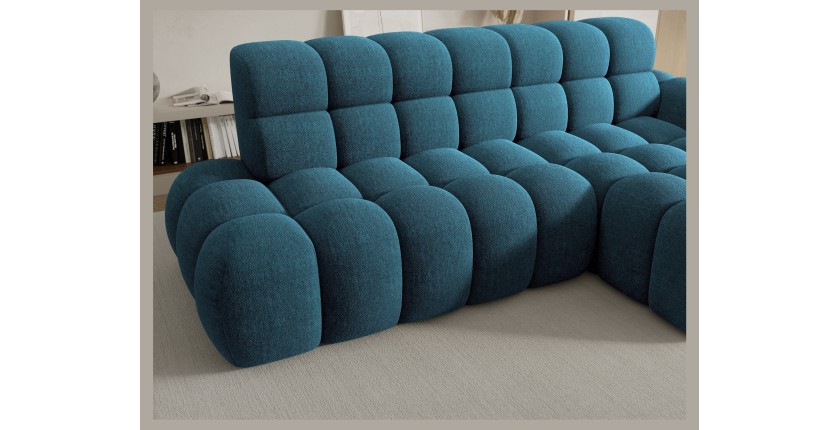 Canapé d’angle convertible BULLA 3 places bleu angle gauche – tissu bouclette avec extension d’assise électrique