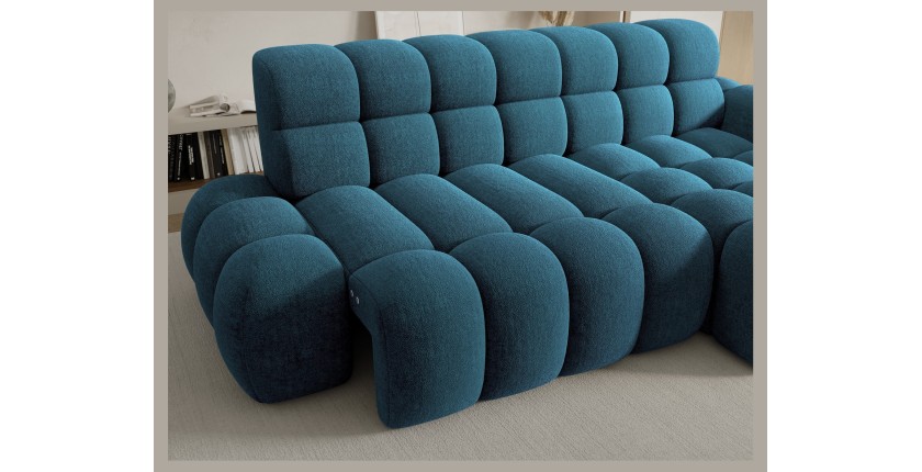 Canapé d’angle convertible BULLA 3 places bleu angle gauche – tissu bouclette avec extension d’assise électrique