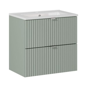 Ensemble ELVINA 60cm : meuble sous vasque à tiroirs vert sauge gris et vasque encastrée