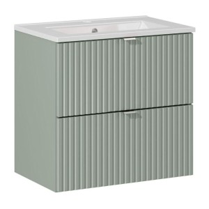 Ensemble ELVINA 60cm : meuble sous vasque à tiroirs vert sauge gris et vasque encastrée