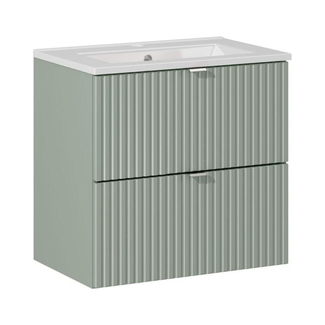 Ensemble ELVINA 60cm : meuble sous vasque à tiroirs vert sauge gris et vasque encastrée