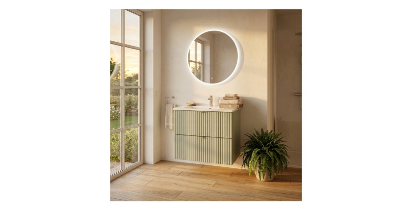 Ensemble ELVINA 60cm : meuble sous vasque à tiroirs vert sauge gris et vasque encastrée mis en situation