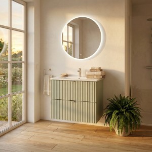 Ensemble ELVINA 60cm : meuble sous vasque à tiroirs vert sauge gris et vasque encastrée mis en situation