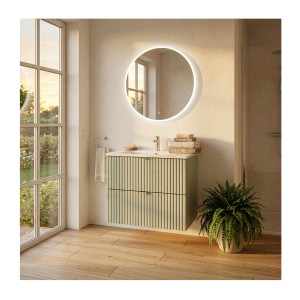 Ensemble ELVINA 60cm : meuble sous vasque à tiroirs vert sauge gris et vasque encastrée mis en situation