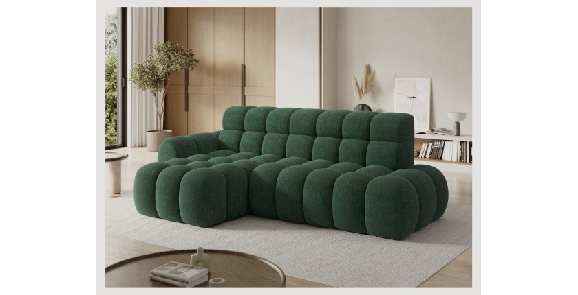 Canapé d’angle convertible BULLA 3 places vert émeraude angle gauche – tissu bouclette avec extension d’assise électrique