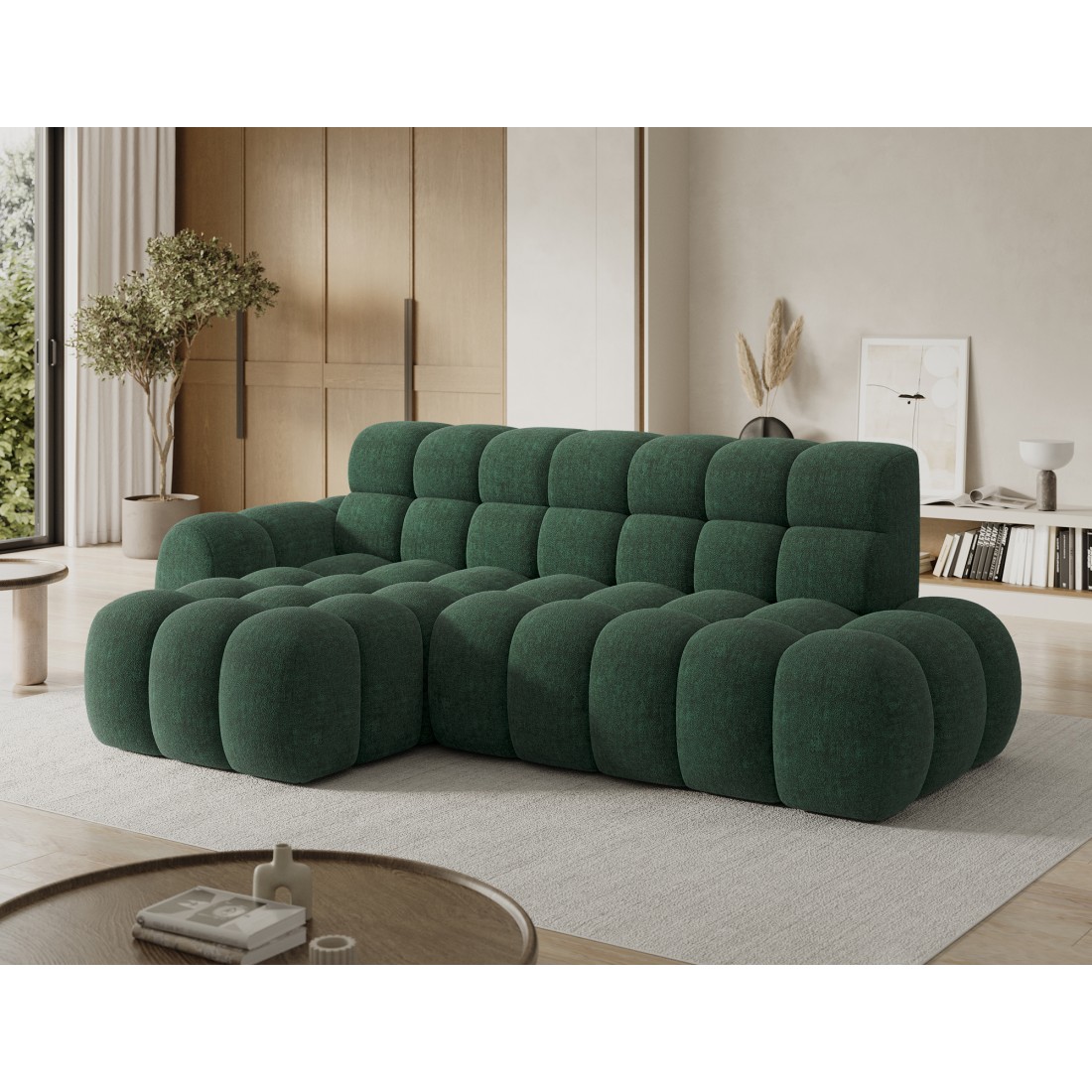 Canapé d’angle convertible BULLA 3 places vert émeraude angle gauche – tissu bouclette avec extension d’assise électrique