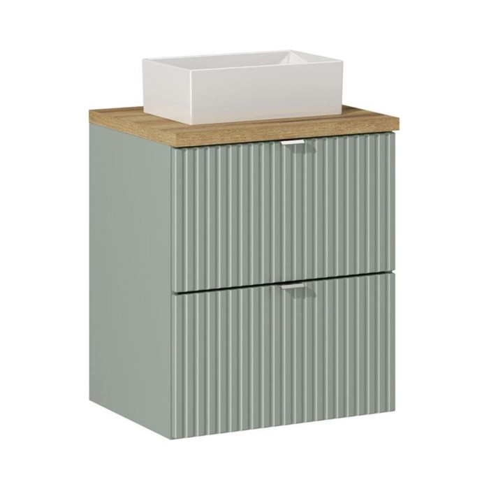 Insieme ELVINA 50cm: mobile sottolavabo con cassetti in verde salvia grigio + piano per lavabo + lavabo rettangolare da appoggio