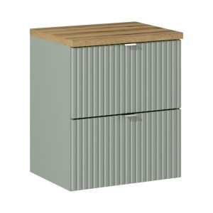 Ensemble ELVINA 50cm : meuble sous vasque vert sauge gris et plan pour vasque aspect bois