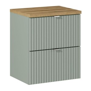 Ensemble ELVINA 50cm : meuble sous vasque vert sauge gris et plan pour vasque aspect bois