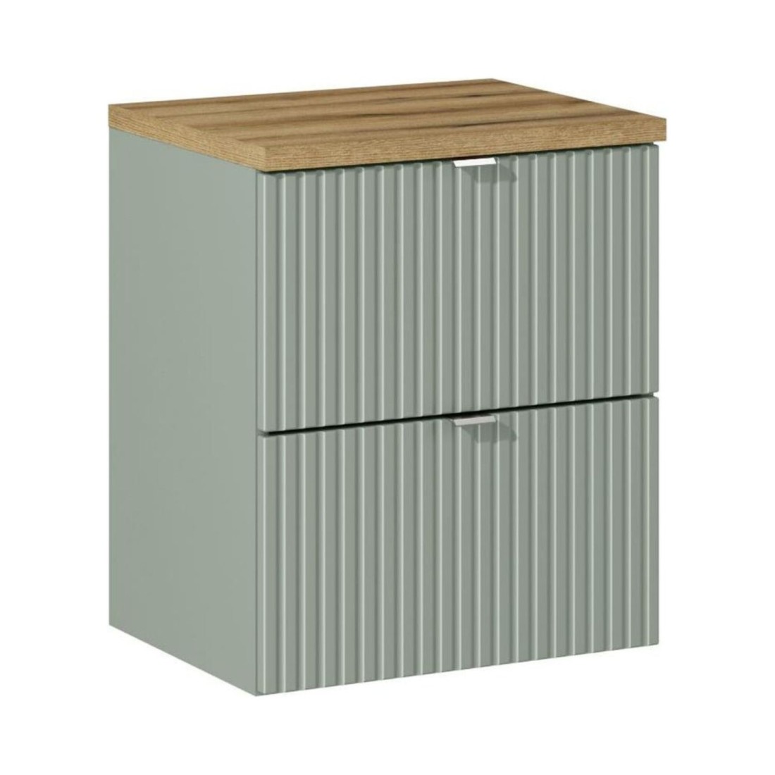 Ensemble ELVINA 50cm : meuble sous vasque vert sauge gris et plan pour vasque aspect bois
