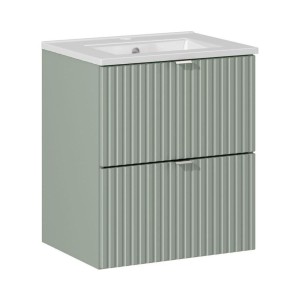 Ensemble ELVINA 50cm : meuble sous vasque à tiroirs vert sauge gris et vasque encastrée blanche